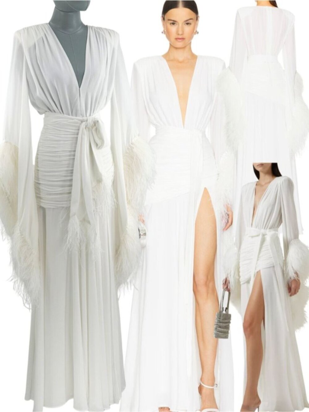 🆕 BRONX & BANCO 🧿 NWOT Geisha Blanc Feather-Trim Maxi Dress, White - Sz XS US2